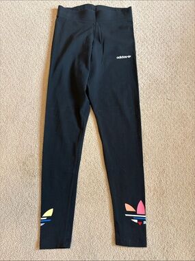 adidas Black Women’s Leggings with Multicolor Trefoil Hem